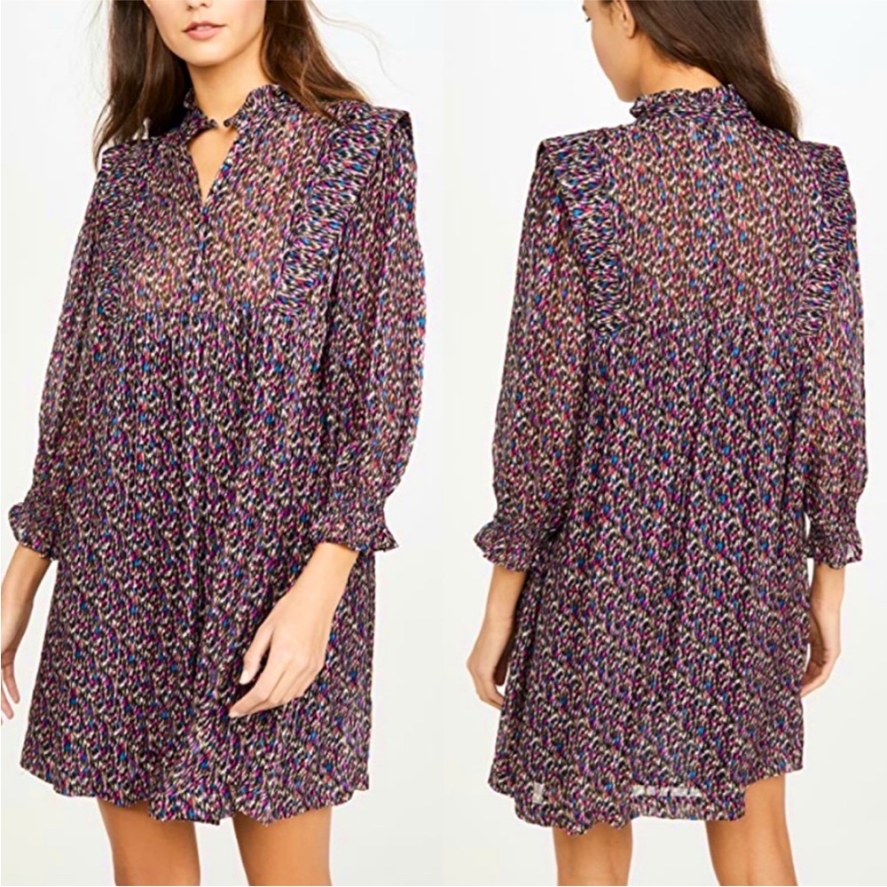 ba&sh Deep Blouson Silk Babydoll Dress w/Mini Ruffle Tie Collar Multicolor sz Sm